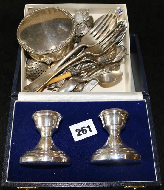 Silver candlesticks, box, spoon etc and some plate